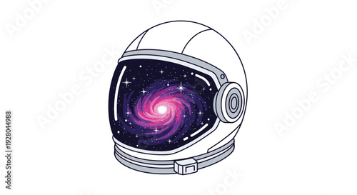 Astronaut helmet with a vibrant spiral galaxy reflected in its dark visor.