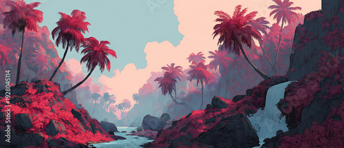 Tropical Landscape With Red Waterfall And Pink Palm Trees Anime Style Illustration Dreamlike Atmosphere High Saturation