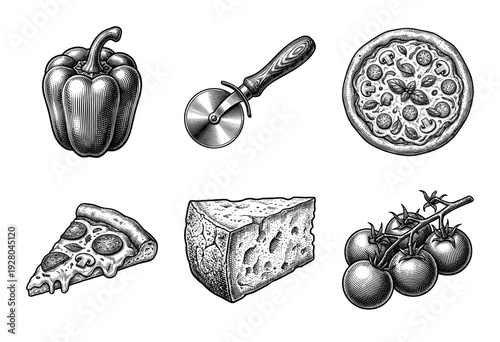 Vintage pizza ingredients and kitchen tools collection featuring hand drawn engraving style illustrations of bell pepper cutter cheese slice and cherry tomatoes