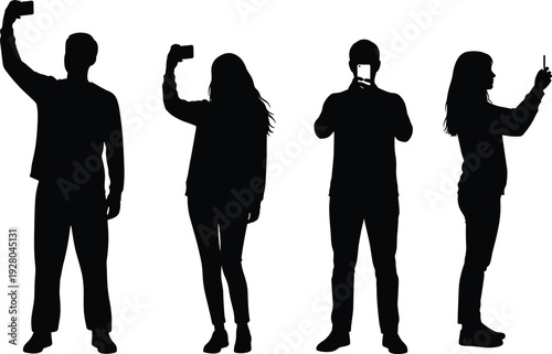 Silhouette of people taking selfies with smartphones, social media communication concept, standing figures isolated on white background illustration