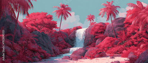 Tropical Landscape With Red Waterfall And Pink Palm Trees Anime Style Illustration Dreamlike Atmosphere High Saturation