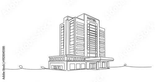 Hotel building standing on open plain in linear drawing. No editable stroke