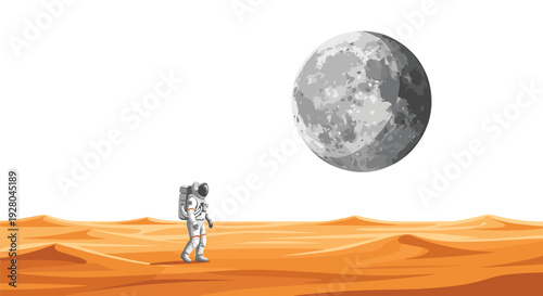 Astronaut walking on an orange desert landscape under a large grey moon.