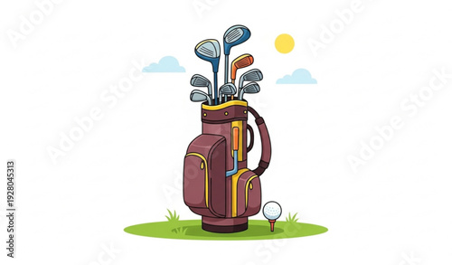 golf, golfbag, clubs, golfclubs, ball, tee, grass, green, sunny, outdoors, sport, activity, game, recreation, leisure, cartoon, playful, vector, illustration, fun, colorful, flat, equipment, summer, h