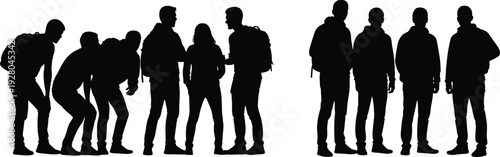 Silhouette of students group with backpacks discussing together, teamwork education concept isolated on white background illustration