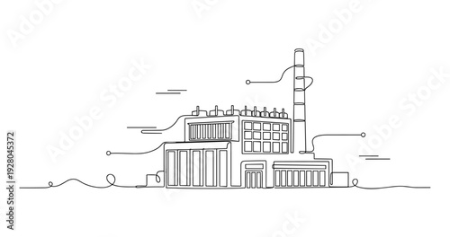 Industrial factory building with chimney in minimalist line art. No editable stroke