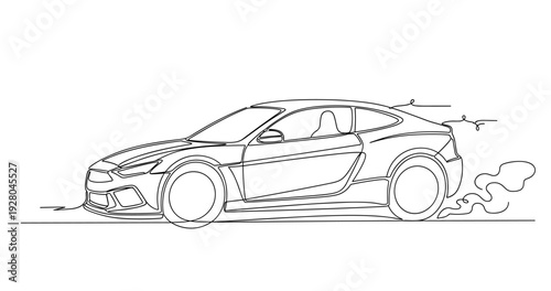 Sports car drifting leaving smoke trail on road in line drawing. No editable stroke