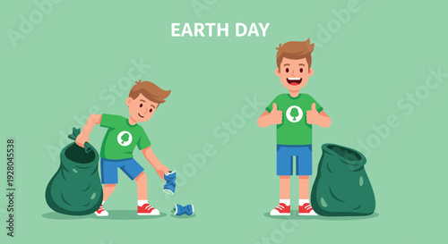 Boy Picking Up Trash and Smiling.