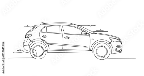 Compact hatchback driving along road in line drawing. No editable stroke