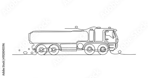 Fuel tanker truck stationary on road in continuous line drawing. No editable stroke