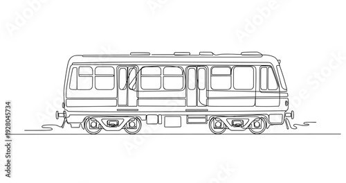 Vintage passenger railcar stationary on flat track. No editable stroke