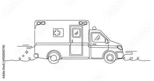 Emergency ambulance shown in side profile on plain background. No editable stroke