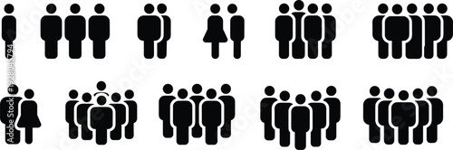 People group size comparison icon set showing single person to crowd silhouettes, population scale, demographic growth, community diversity, teamwork and social structure concept – flavector
