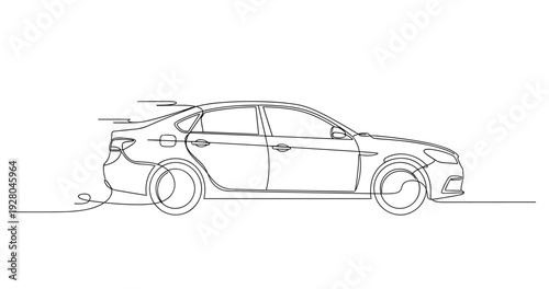 Sedan car driving along flat road in minimal line drawing. No editable stroke