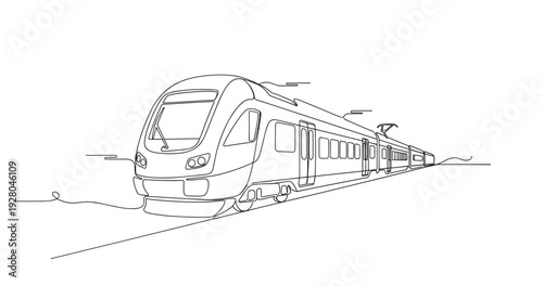 Electric commuter train approaching on track in linear perspective. No editable stroke