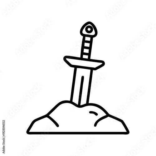 Outline drawing of a sword embedded in a mound of earth. Represents legend, history, and power.