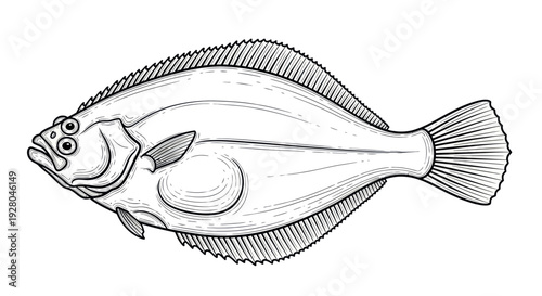 Flounder Fish Outline Drawing - Seafood Ingredient Illustration