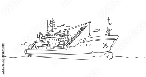 Fishing trawler stationary with crane on calm sea horizon. No editable stroke