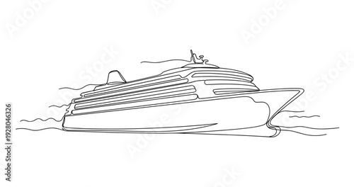 Cruise ship sketched in continuous line floating on water. No editable stroke