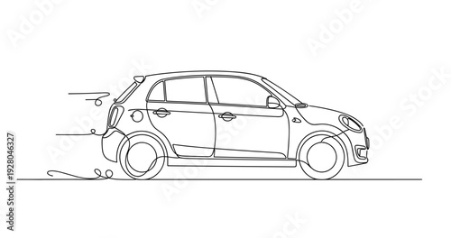 Compact car driving along empty road in line drawing. No editable stroke