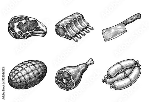 Vintage engraving style collection of meat products including beef steak pork ribs ham leg and sausages with a butcher cleaver isolated on white