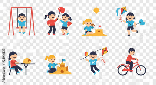 Children Playing in Various Activities: Swing Kite Sandcastle and Bike.