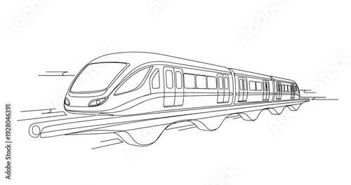 High speed train on elevated track with streamlined carriages line drawing. No editable stroke