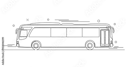 City bus traveling along road in simple line illustration. No editable stroke