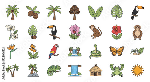 Colorful Tropical Jungle Nature Elements and Animals Icon Set.