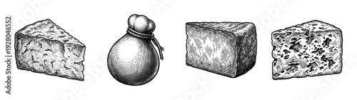 Set of vintage engraved illustrations featuring various types of gourmet cheese including wedges and a tied sack of burrata in a hand drawn woodcut style.