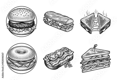 Vintage engraving style collection of assorted sandwiches including burger, baguette sub, grilled cheese, bagel, bacon tartine, and club sandwich.