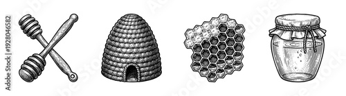 Vintage engraving style honey production icons set featuring wooden dippers, traditional skep beehive, natural honeycomb cells, and a glass jar with lid.