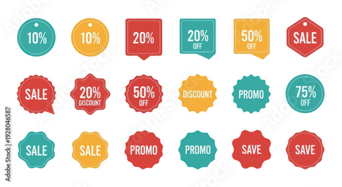 Colorful Sale Stickers and Promotional Badges Collection with Percentage Discounts and Sale Labels.