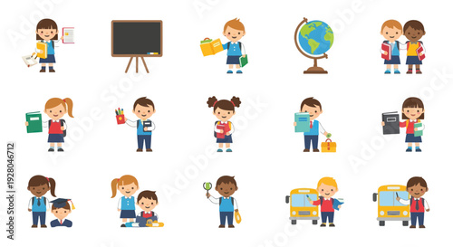 Diverse Group of Cartoon Children Ready for School.