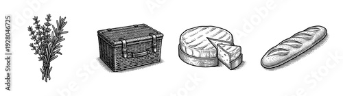 Set of rustic woodcut illustrations featuring a herb bundle, woven picnic basket, round cheese wheel with slice, and crusty baguette loaf.