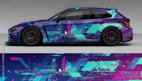 Custom wrapped sports car with a vibrant abstract glitch art design in purple, blue, and teal colors, showcasing the full pattern.