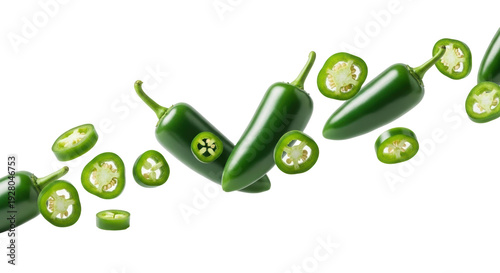 Fresh green jalapeño peppers, whole and sliced with visible seeds, dynamically floating against a transparent studio background with copy space, inspiring culinary energy