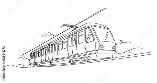 Electric passenger train moving along track in perspective. No editable stroke