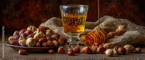 Golden honey pouring into glass with assorted nuts on rustic table