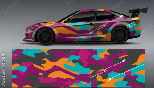 Sports car with vibrant abstract camouflage vinyl wrap design, showcasing the full pattern below.