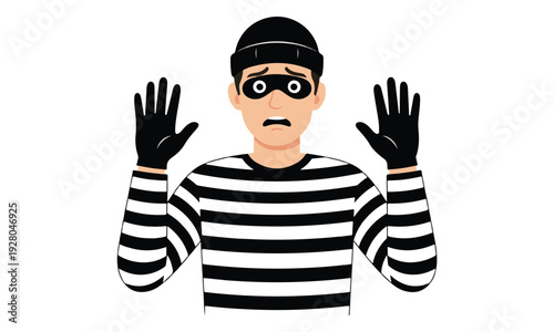 Frightened Robber with Hands Up in Surrender Gesture