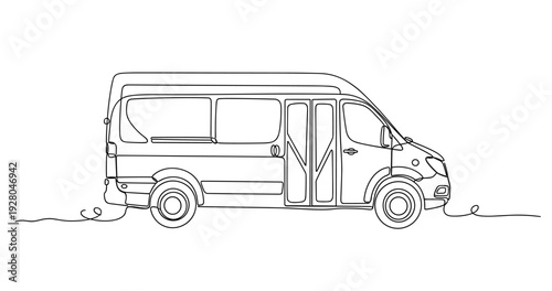 Passenger van parked in roadside single line drawing. No editable stroke