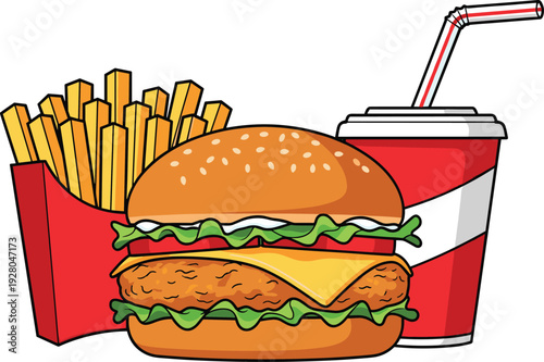 Classic fast food meal with cheeseburger, French fries in red container, and striped soft drink cup with straw, representing convenience food and casual dining culture