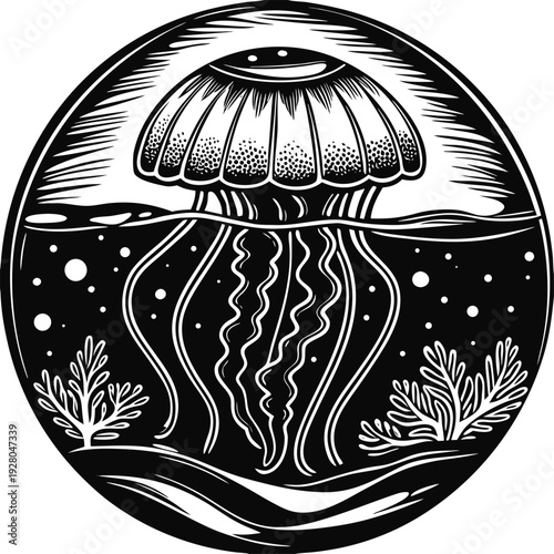 Black and white jellyfish vector illustration