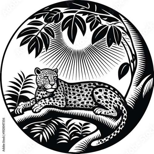 Black and white vector illustration of leopard on tree branch
