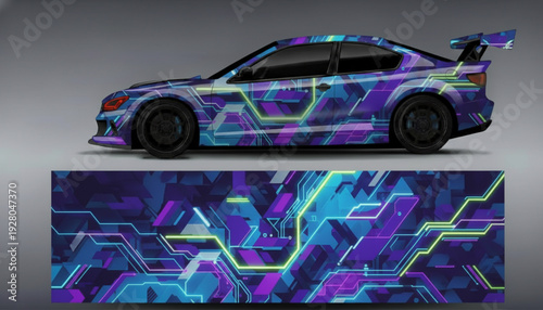 Futuristic geometric circuit board car wrap design in vibrant purple, blue, and neon green colors, displayed on a sports coupe and as a flat pattern.