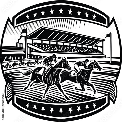 Vector horse racing logo with jockeys and stadium