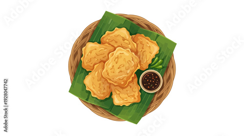 Traditional Tempe Mendoan on Rattan Plate with Banana Leaves Vector
