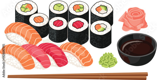 Assorted Japanese sushi platter with nigiri, maki rolls, wasabi, ginger garnish, soy sauce bowl, and chopsticks, showcasing traditional cuisine and elegant food presentation