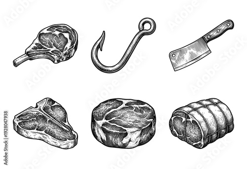 Vintage engraving style collection of meat cuts featuring beef steak t-bone ribeye brisket and butcher tools including cleaver and meat hook